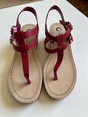 NWOT Women's Red T-Strap Sandals with Double Buckle Detail